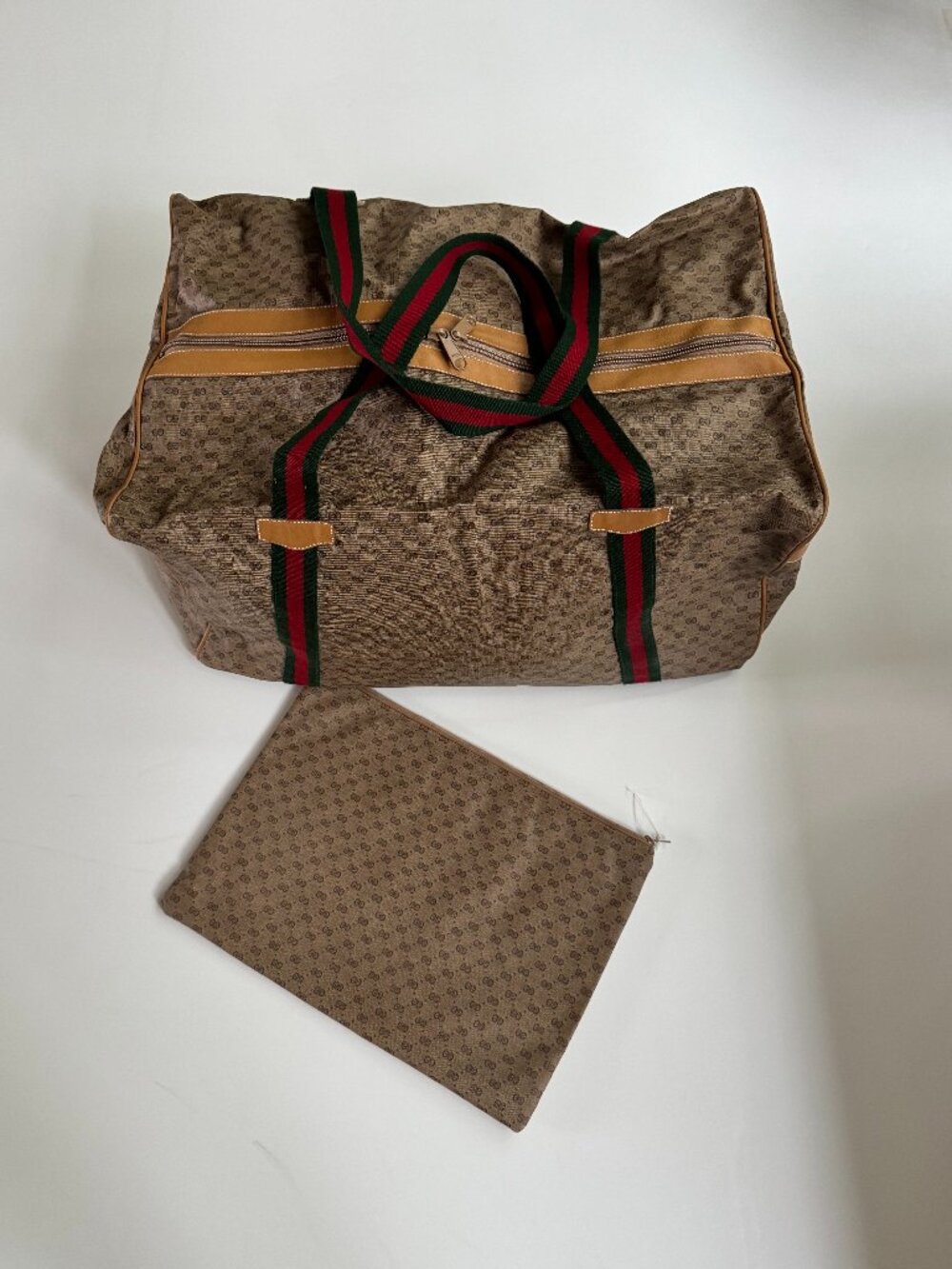 Vintage Gucci Micro GG Web Stripe Foldable Duffle Travel Bag + Pouch